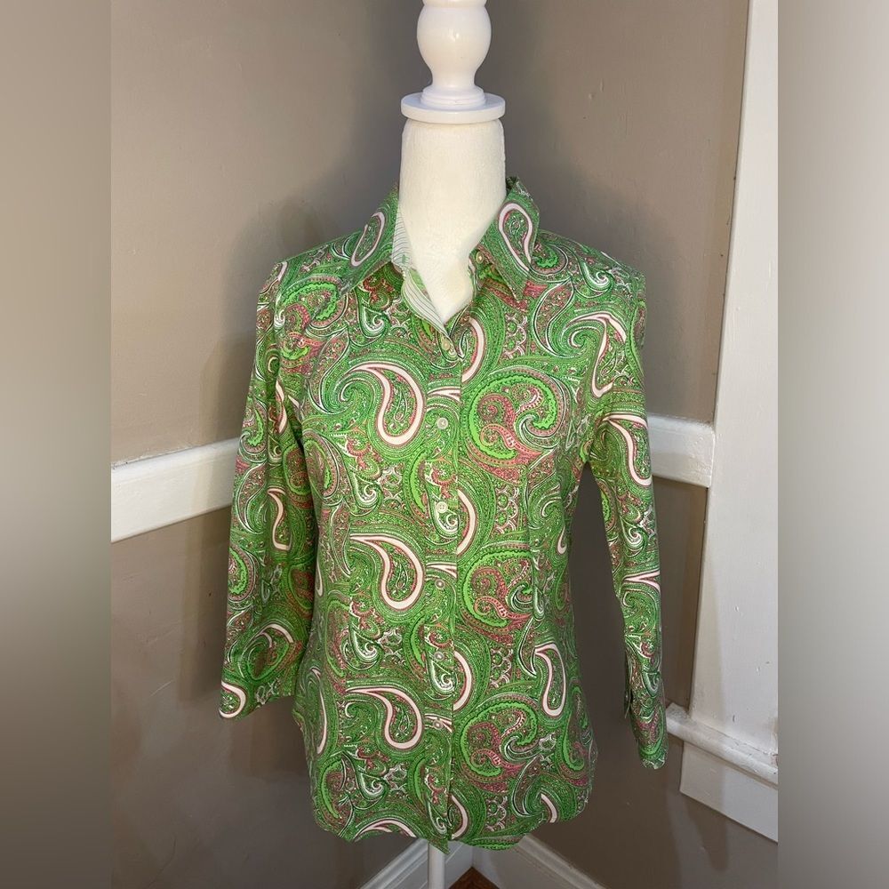Talbots Pink Green Paisley Button Up 3/4 sleeve NWOT spring summer Size 4